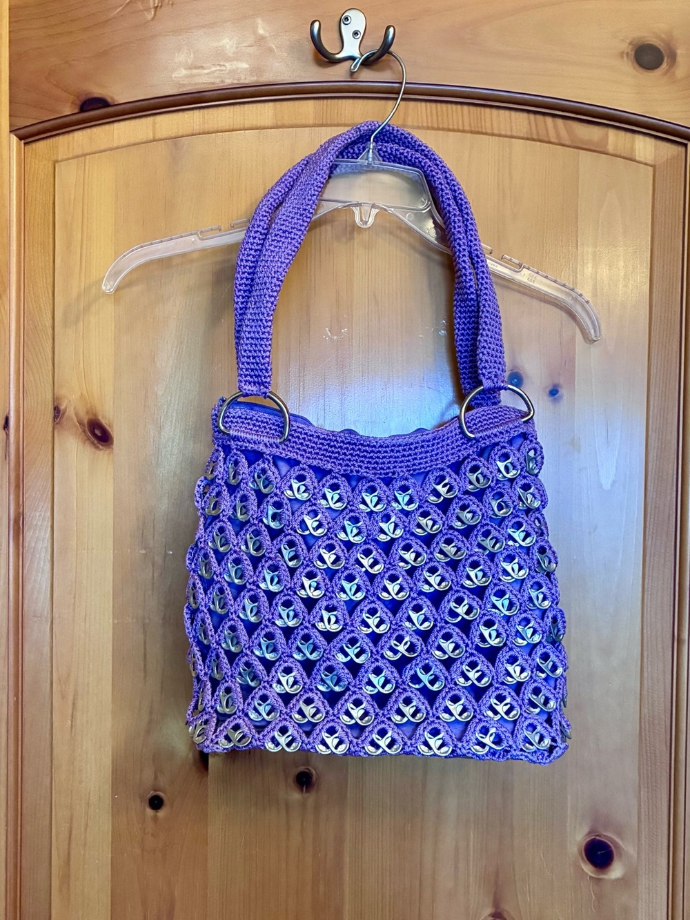 Handcrafted Purple Crochet Shoulder Bag with Soda Can Pull Tab Accents